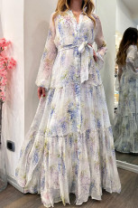 Chiffon Floral Printed Belted Maxi Dress GSNU-8072