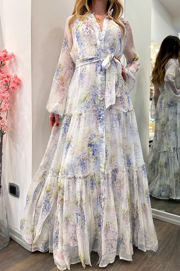 Chiffon Floral Printed Belted Maxi Dress GSNU-8072