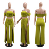 Solid Color Pleated Tube Top Split Pants Suit CYA-901391