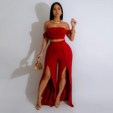 Solid Color Pleated Tube Top Split Pants Suit CYA-901391