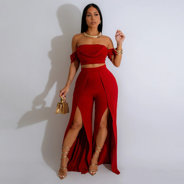 Solid Color Pleated Tube Top Split Pants Suit CYA-901391