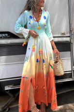  Gradient Color Long Sleeve V-Neck Maxi Dress GSNU-8077
