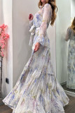 Chiffon Floral Printed Belted Maxi Dress GSNU-8072
