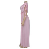 Solid Color V Neck Tie Up Wide Leg Jumpsuit BY-7388