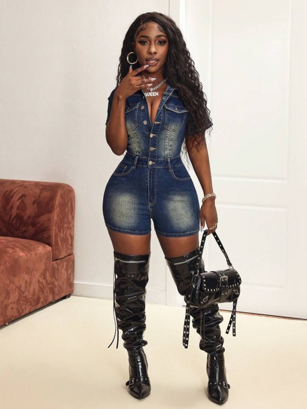 Short Sleeve Lapel Denim Romper LX-6059