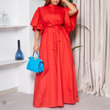 Plus Size Flared Sleeve Single Breasted Belt Loose Long Dress GMLF-3270