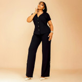 Solid Color Short Sleeve Backless Pants Suit NNWF-8090