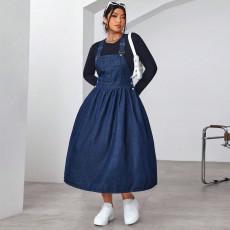 Plus Size Solid Color Denim Sling Long Dress GDAM-218637