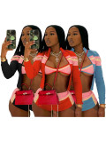 Print Long Sleeve Wrap Tie Up Short 3 Piece Set CH-25029