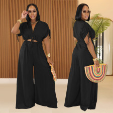 Solid Color V Neck Tie Up Wide Leg Jumpsuit BY-7388