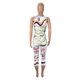 Colorful Print Tank Tops Seventh Pants Suit  SHD-9768