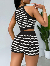 Casual Stripe Sleeveless Sweater Short Suit QXTF-83037
