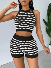 Casual Stripe Sleeveless Sweater Short Suit QXTF-83037