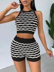 Casual Stripe Sleeveless Sweater Short Suit QXTF-83037