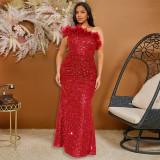 Feather Patchwork Sequin Tube Top Dress CYA-901498