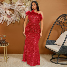 Feather Patchwork Sequin Tube Top Dress CYA-901498