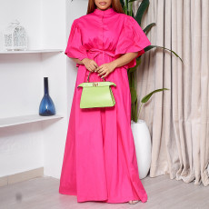 Plus Size Flared Sleeve Single Breasted Belt Loose Long Dress GMLF-3270