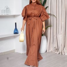 Plus Size Flared Sleeve Single Breasted Belt Loose Long Dress GMLF-3270