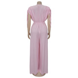 Solid Color V Neck Tie Up Wide Leg Jumpsuit BY-7388
