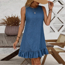 Sleeveless Single-breasted Denim Midi Dress GDAM-218587