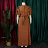 Plus Size Flared Sleeve Single Breasted Belt Loose Long Dress GMLF-3270