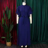 Plus Size Flared Sleeve Single Breasted Belt Loose Long Dress GMLF-3270