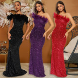 Feather Patchwork Sequin Tube Top Dress CYA-901498