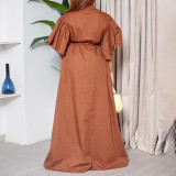 Plus Size Flared Sleeve Single Breasted Belt Loose Long Dress GMLF-3270