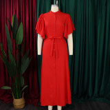Plus Size Flared Sleeve Single Breasted Belt Loose Long Dress GMLF-3270
