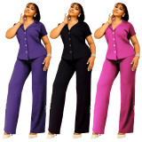 Solid Color Short Sleeve Backless Pants Suit NNWF-8090