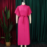 Plus Size Flared Sleeve Single Breasted Belt Loose Long Dress GMLF-3270