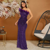 Feather Patchwork Sequin Tube Top Dress CYA-901498