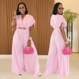 Solid Color V Neck Tie Up Wide Leg Jumpsuit BY-7388