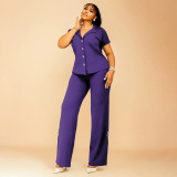 Solid Color Short Sleeve Backless Pants Suit NNWF-8090