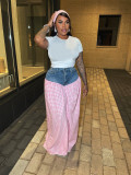 Denim Patchwork Plaid Loose Wide Leg Pants SFY-737