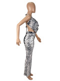 Sexy Print Backless Mesh Two Piece Pants Set SHD-9778
