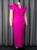 Plus Size Ruffles V Neck Split Midi Dress GKEN-041222