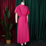 Plus Size Flared Sleeve Single Breasted Belt Loose Long Dress GMLF-3270