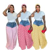 Denim Patchwork Plaid Loose Wide Leg Pants SFY-737