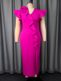 Plus Size Ruffles V Neck Split Midi Dress GKEN-041222
