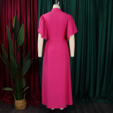 Plus Size Flared Sleeve Single Breasted Belt Loose Long Dress GMLF-3270