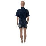Short Sleeve Lapel Denim Romper LX-6059