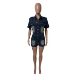 Short Sleeve Lapel Denim Romper LX-6059