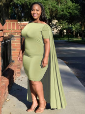 Plus Size Solid Cape Patchwork One Shoulder Midi Dress NNWF-2311