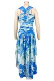 Print Halterneck Pleated Midi Dress XHXF-460