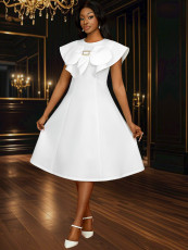 Round Neck Bow Cape Sleeve Midi Dress GKEN-050212
