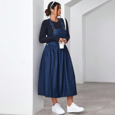 Plus Size Solid Color Denim Sling Long Dress GDAM-218637