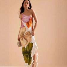 Single Shoulder Ruffles Patchwork Print Maxi Dress GWDS-250401