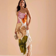 Single Shoulder Ruffles Patchwork Print Maxi Dress GWDS-250401