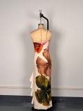 Single Shoulder Ruffles Patchwork Print Maxi Dress GWDS-250401